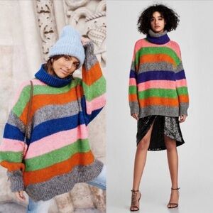 ZARA Oversized Bright Stripe Turtleneck Tunic Sweater